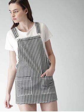 Forever 21 Women Black & White Gingham One-Piece Pinafore Overall Dress